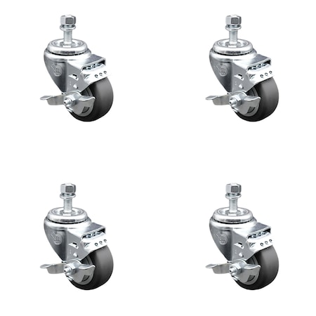 Service Caster 3 Inch SS Thermoplastic Rubber Swivel 1/2 Inch Threaded Stem Caster Set Brake SCC SCC-SSTS20S314-TPRB-TLB-M1015-4
